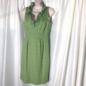 Green ruffled front deep V neck dress